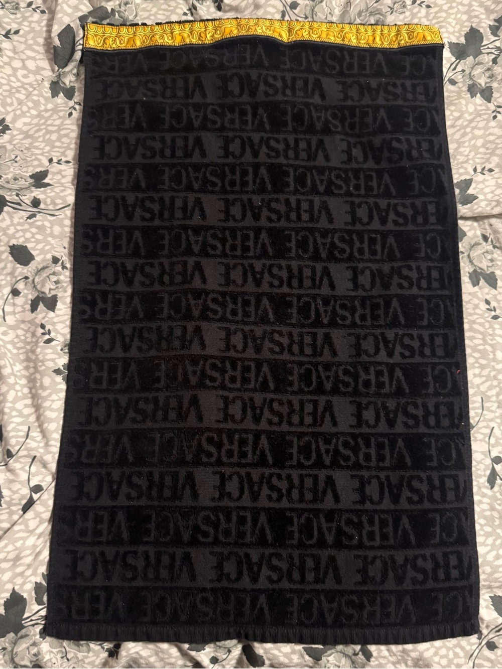Versace Black Logo-Repeat Towel with Gold Trim